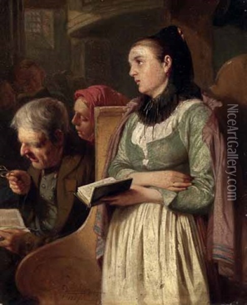 Andachtiges Bauernmadchen Mit Gebetbuch In Der Kirche Oil Painting - Julius Scholtz