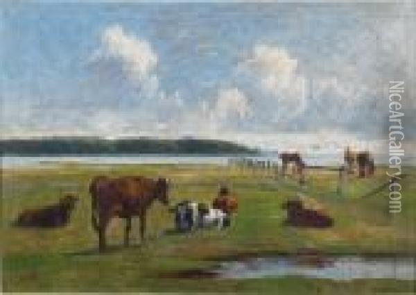 Cows And Horses In A Pasture Oil Painting - Nils Hans Christiansen