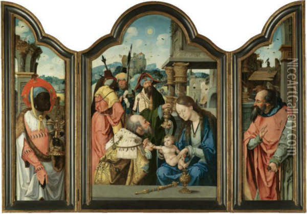 A Triptych: Central Panel: The Adoration Of The Magi Left Inside Wing: One Of The Magi, Balthasar Right Inside Wing: Saint Joseph Oil Painting - Master Of The Lille Adoration