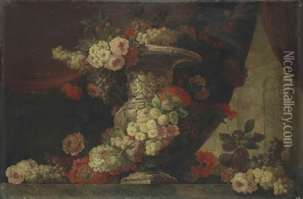 Nature Morte De Fleurs Et Fruits Sur Un Entablement Oil Painting - Claude Nicolas Huilliot