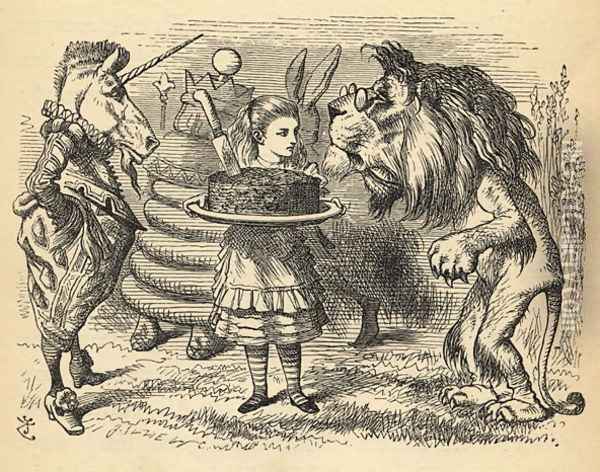 The sharing of the cake between the Lion and the Unicorn, illustration from Through the Looking Glass by Lewis Carroll 1832-98 first published 1871 Oil Painting - John Tenniel
