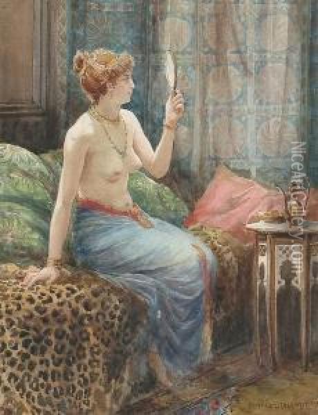 A Lady In A Richly Decorated Interior Oil Painting - Edward Slocombe