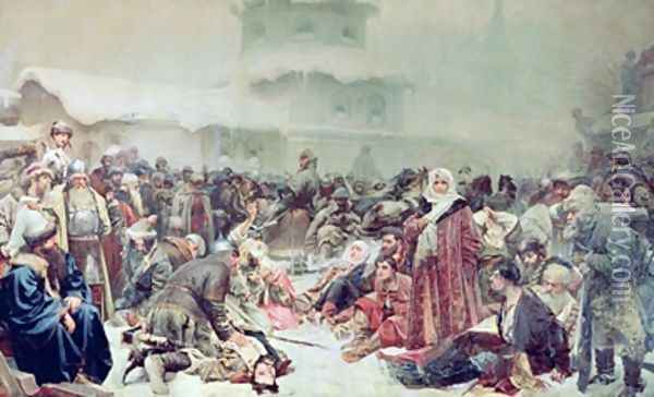 Destruction of Novgorod by Tsar Ivan III 1440-1505 Oil Painting - Klavdiy Vasilievich Lebedev