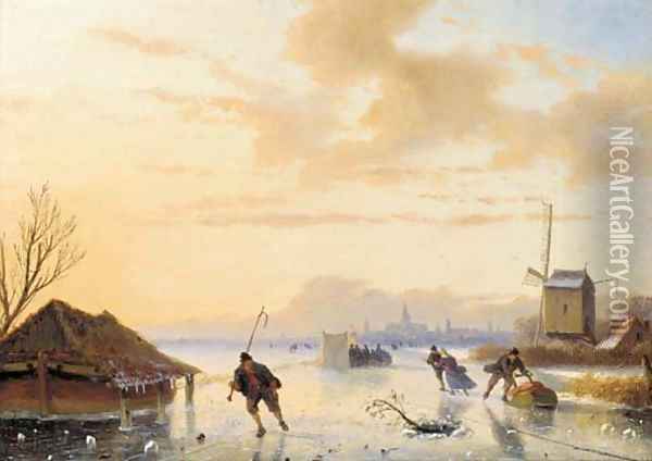 Skaters on a frozen river Oil Painting - Nicholas Jan Roosenboom