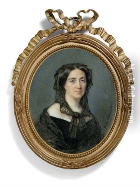 Marie Augustine D'harcourt, Countess Of Castries In Black Lace Decollete Dress Oil Painting - Cecile Villeneuve