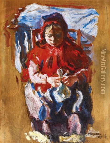 Girl With Doll Oil Painting - Izsak Perlmutter