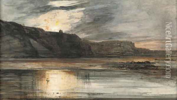 Sunset over a lake, a castle in the distance Oil Painting - English School