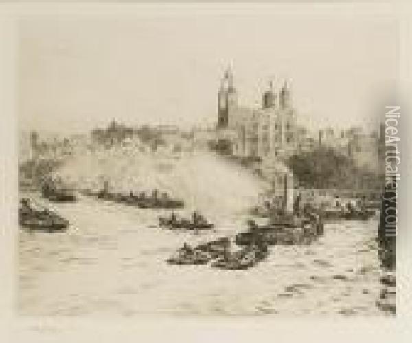 Boats On The River Thames Below The Tower Oflondon Oil Painting - William Lionel Wyllie