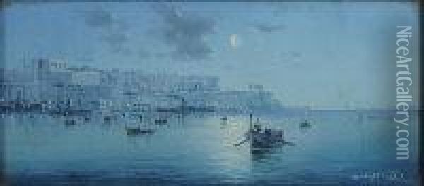 Valletta By Moonlight Oil Painting - Vincenzo D Esposito