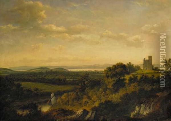 View Of Renfrew Castle, With A 
Ship On White Cart Water In The Foreground And An Extensive View Of The 
River Clyde Beyond Oil Painting - Patrick, Peter Nasmyth