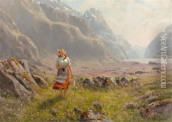 Junge Bauerin In Sommerlicher Fjordlandschaft Oil Painting - Hans Dahl
