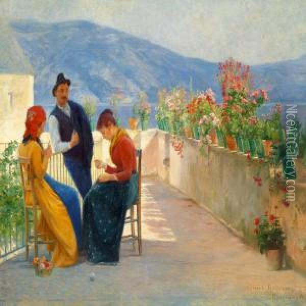 Three Young Italians Ona Terrace In Gargnano At Lake Garda Oil Painting - Cilius Andersen