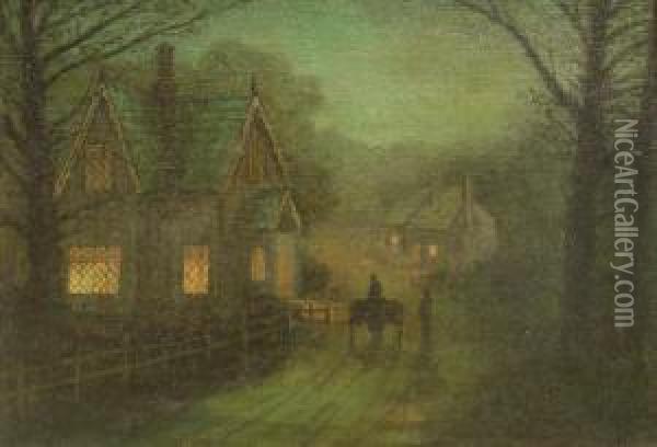 Cottages By Moonlight Probably Roundhay Leeds Oil Painting - Wilfred Jenkins