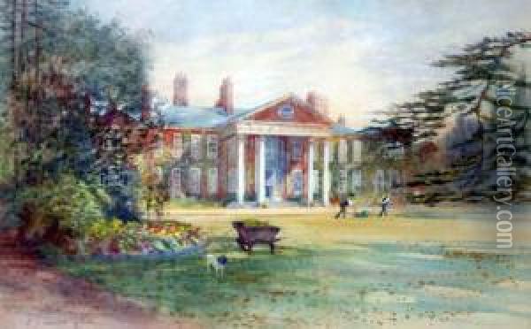 Gardeners Before A Stately House Signed 12.5 X 20in Oil Painting - Charles James Lauder