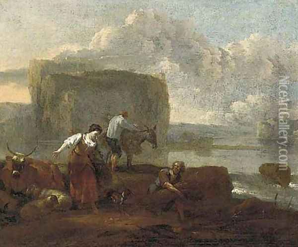 A shepherdess and farm labourers by a lake, a hilltop village beyond Oil Painting - Nicolaes Berchem