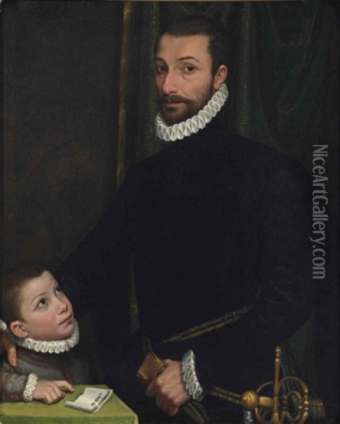 Portrait Of A Gentleman With His Son Oil Painting - Vincenzo Campi