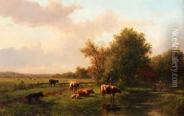 A Landscape With Cows On A Riverbank, A Farm Beyond Oil Painting - Willem Vester