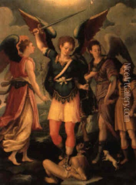 Der Hl. Michael, Tobias Und Zwei Engel Oil Painting - Antonio Del Pollaiuolo