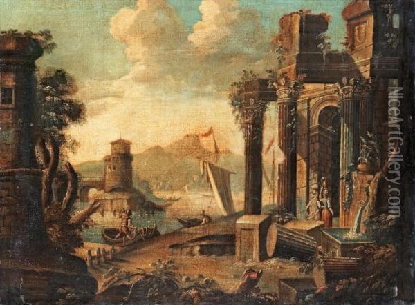 Capriccio Ruins By A Port Oil Painting - Johann Oswald Harms