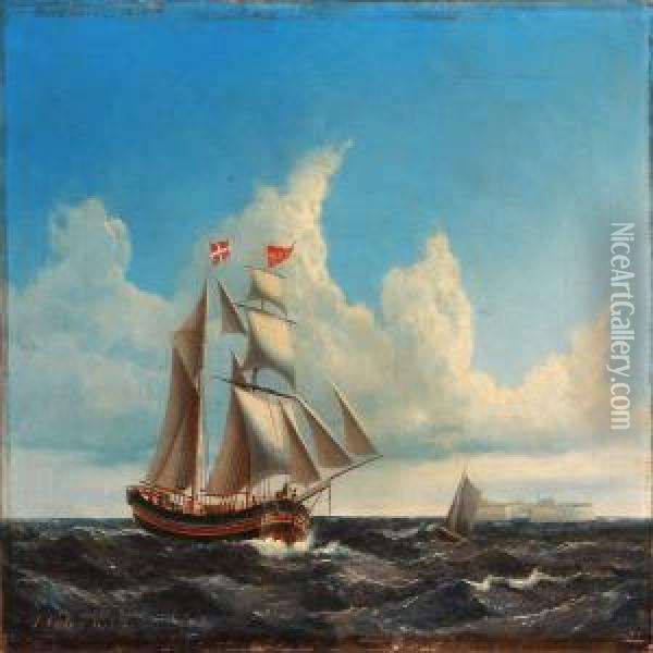 Seascape With A Saling Ship Near A Fortress Oil Painting - Jens Thielsen Locher