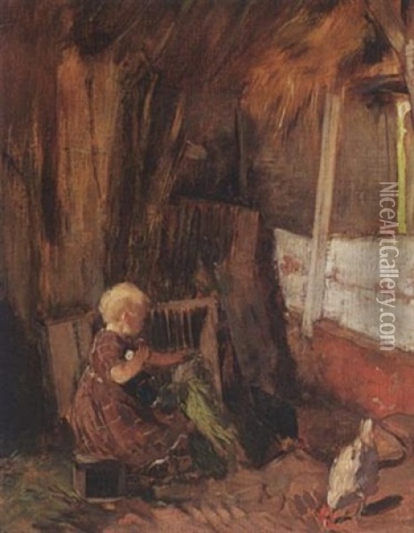 A Little Girl In A Stable Oil Painting - Solomon Garf
