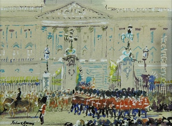 Royal Guards In Front Of Buckingham Palace Oil Painting - John Emms