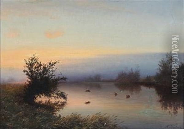 Sunset Over A Forest Lake Oil Painting - Hans Christian Fischer