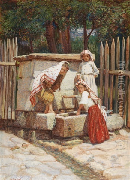 By The Fountain Oil Painting - Spiro Bocaric