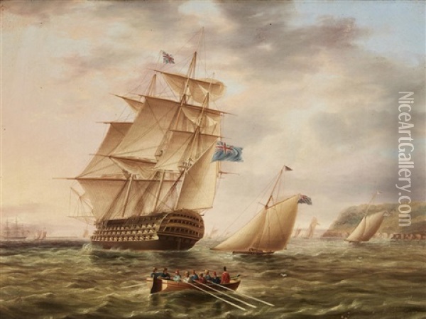 A British Ship Of The Blue Fleet Sailing Out Past Racing Cutters Oil Painting - James Edward Buttersworth