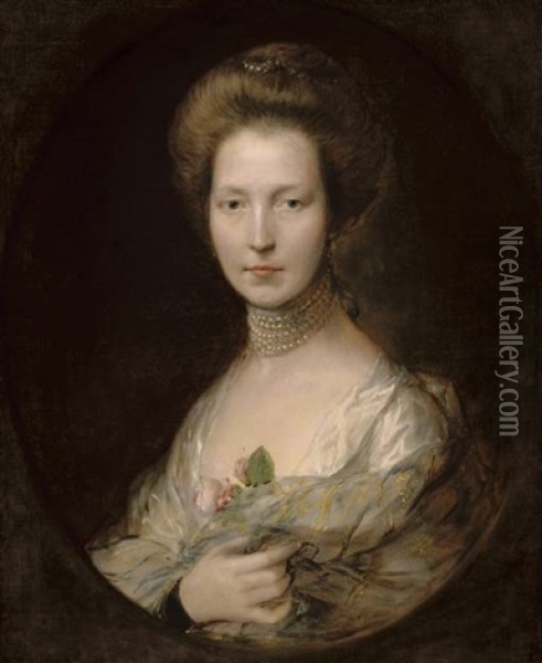 Portrait Of A Lady (lady Louisa Clarges?), Half-length In A White Dress With A Pearl Necklace Oil Painting - Thomas Gainsborough