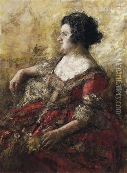 Signora Con Vestito Rosso Oil Painting - Antonio Mancini