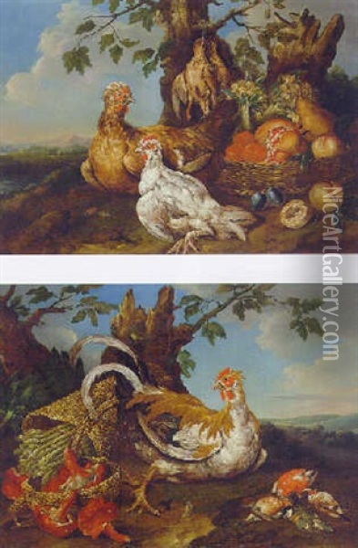 A Chicken By Baskets Of Asparagus And Mushrooms By Dead Birds In A Landscape Oil Painting - Philipp Ferdinand de Hamilton