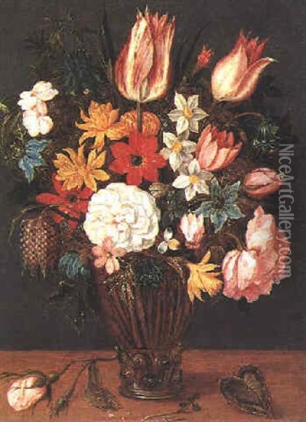 A Still Life Of Tulips, Roses, Anemones, Aquilegia, Love-in-the-mist, Rosemary, Narcissi, A Fritillary And Other Flowers In A Glass Vase Beside A Rose Stem On A Table Oil Painting - Pieter Binoit