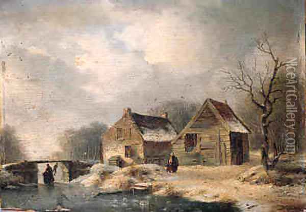A wooded winter landscape with peasants walking along a frozen waterway by a cottage Oil Painting - Hendrik Manfred Haus