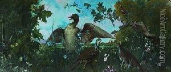 Ente Und Zwei Vogel Im
 Unterholz Oil Painting - Louis Faure