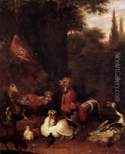 A Cock, Hen, Chickens And A Duck At The Foot Of A Tree, A Classical Garden Beyond Oil Painting - Melchior de Hondecoeter