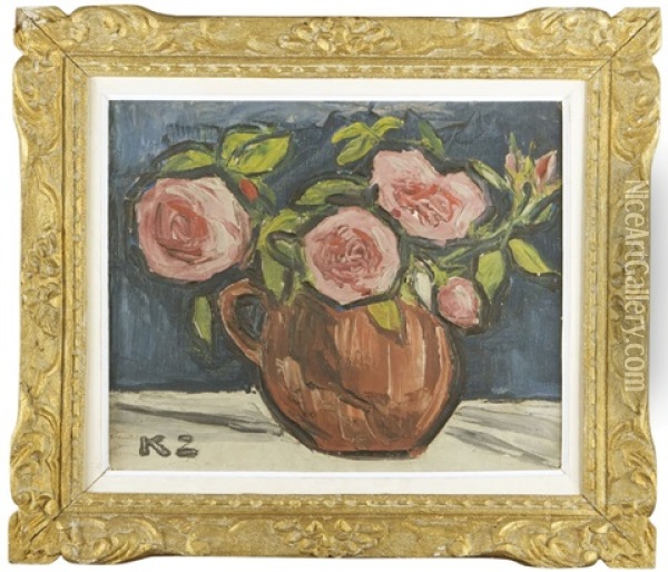Roses In A Vase Oil Painting - Kazimierz Zieleniewski