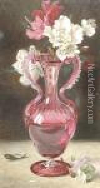 Still Life Of Flowers In A Red Glass Vase Oil Painting - Helen Cordelia Coleman Angell