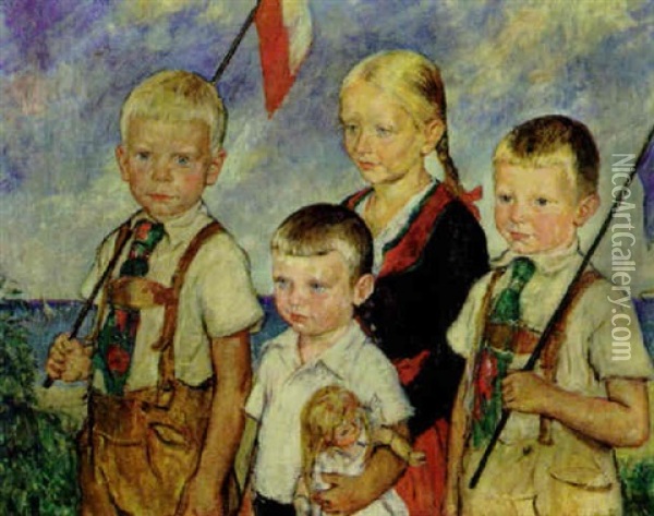 Madchen Mit Ihren Drei Brudern Oil Painting - Heinrich Linde-Walther