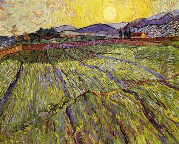 Wheat Field with Rising Sun Oil Painting - Vincent Van Gogh