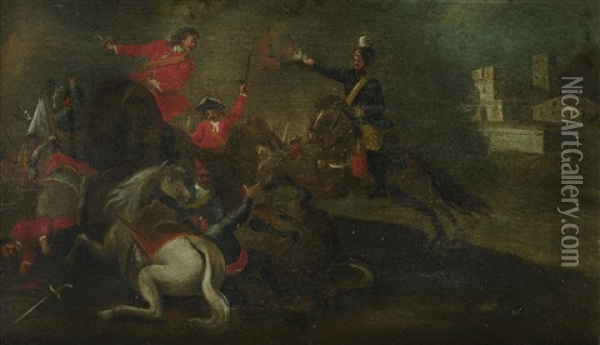 A Cavalry Skirmish In A Landscape; And A Cavalry Battle Before A Town (pair) Oil Painting - Christian Reder