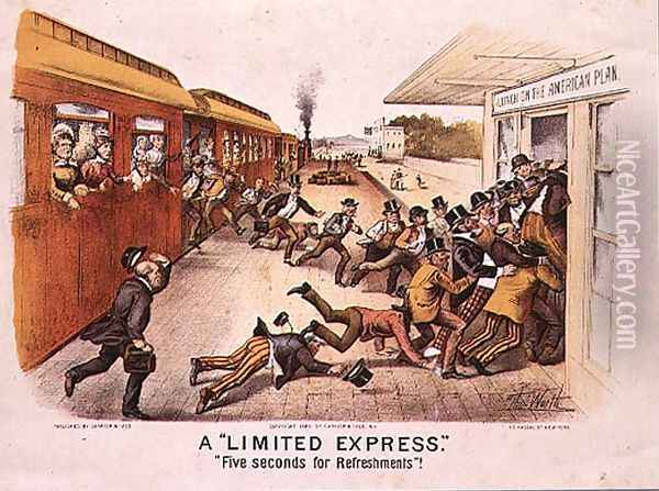 A Limited Express,Five Seconds for Refreshments, pub. by Currier and Ives in New York, 1884 Oil Painting - Thomas Worth