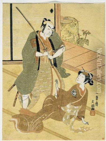Ichikawa Danjuro Iv Dans Le Role Du Samurai Hiraoka Heiemon Et Segawa Kikunojo Ii Dans Le Role D'okaru Oil Painting - Ippitsusai Buncho