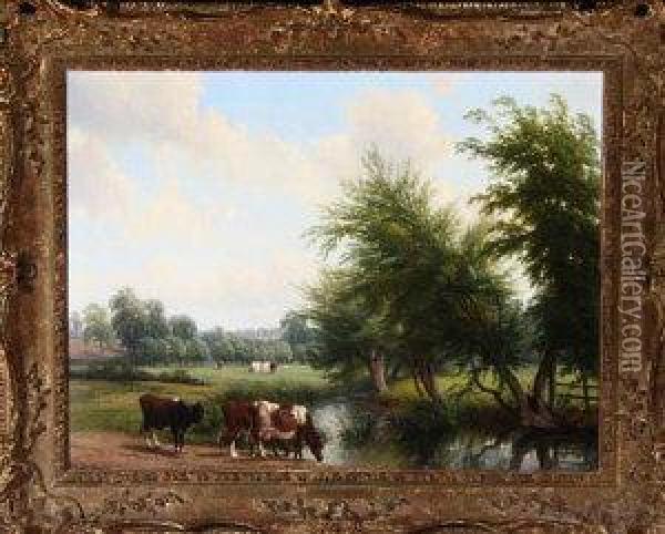 Cattle At A Riverbank In Summer Oil Painting - Thomas Baker Of Leamington