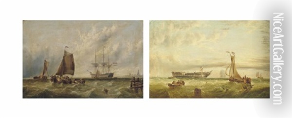 A Dutch Warship And Smalschips In A Rising Breeze (+ Fishing Boats Approaching A Wreck (both Illustrated); Pair) Oil Painting - Henry Redmore