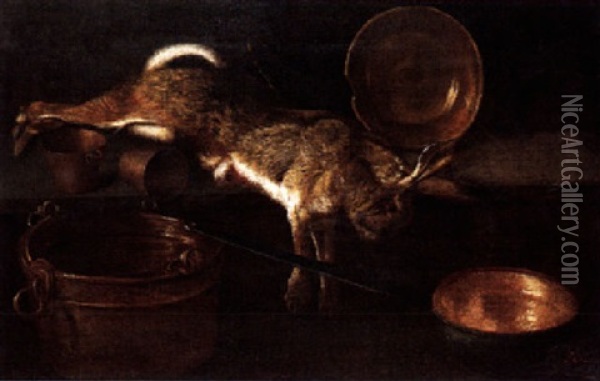 A Still Life Of A Hare With Kitchen Utensils Oil Painting - Jean-Baptiste-Simeon Chardin