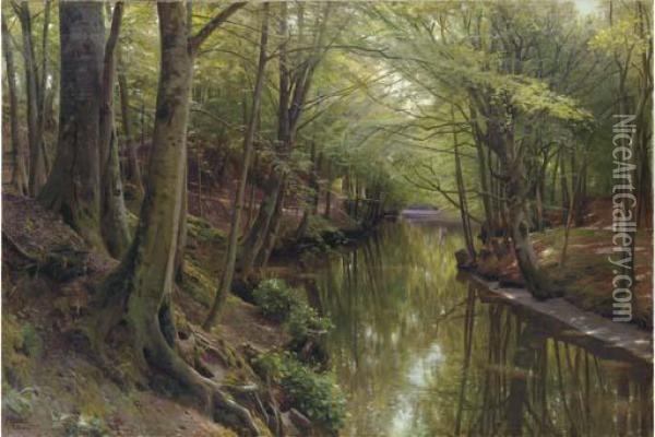A Woodland Stream Oil Painting - Peder Mork Monsted