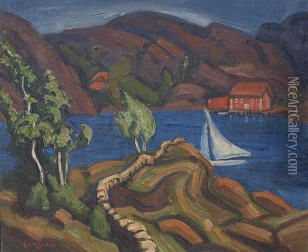 Modernist Lakeside Landscape With Sailboats And Homes Oil Painting - Carl Olaf Eric Lindin
