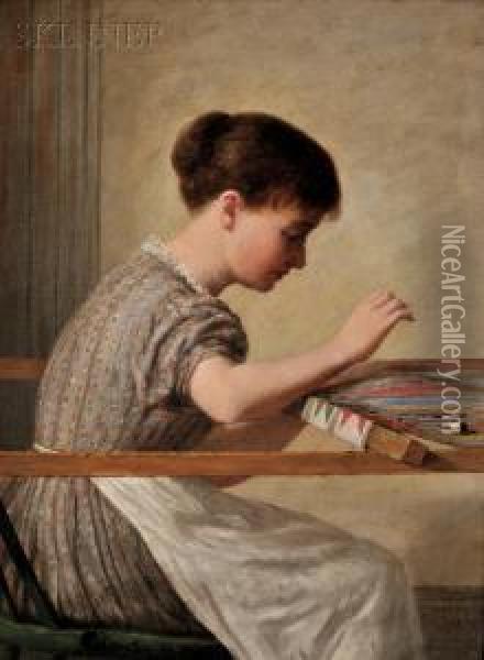 Girl Quilting Oil Painting - Enoch Wood Perry