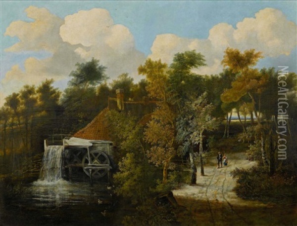 Watermill With Figures Walking On A Path Oil Painting - Jan Looten